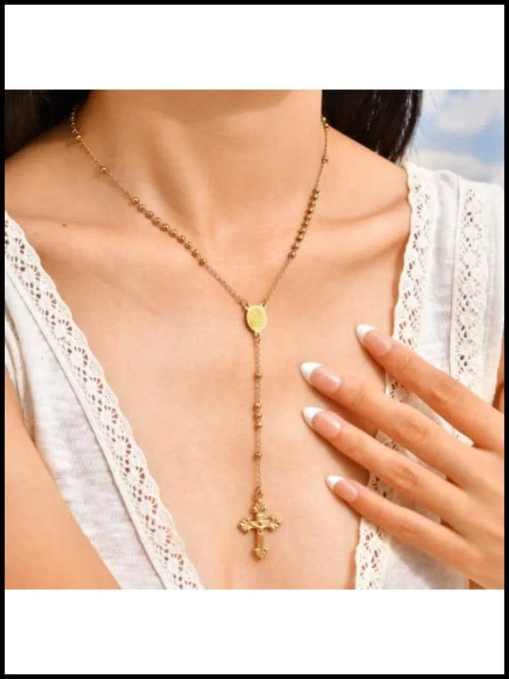 18K Gold Plated Stainless Steel Rosary Necklace with Virgin Mary Pendant